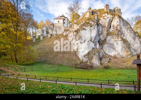 Château de Ojców situé dans les hautes terres de Kraków-Częstochowa, une partie du système de châteaux connus sous le nom de nids d'aigle, protégeant la frontière sud de la Pologne. Banque D'Images