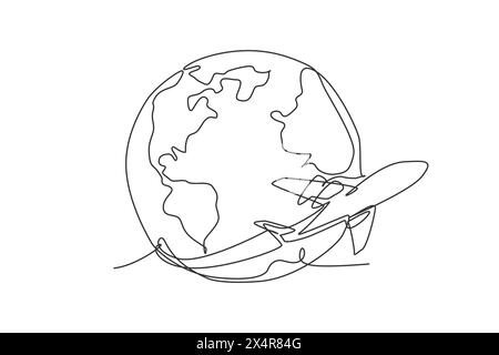 Avion volant autour de la terre. Icône graphique de la carte du globe terrestre à ligne continue unique. Simple une ligne doodle pour le concept de voyage. Vecteur i isolé Illustration de Vecteur