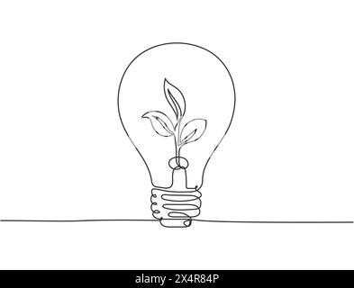 Un dessin en ligne continue d'ampoule propre avec une plante organique verte à l'intérieur de l'emblème du logo de l'icône. Concept de modèle de logotype de symbole écologique. M Illustration de Vecteur