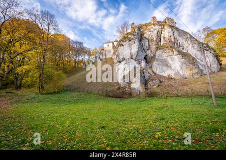 Château de Ojców situé dans les hautes terres de Kraków-Częstochowa, une partie du système de châteaux connus sous le nom de nids d'aigle, protégeant la frontière sud de la Pologne. Banque D'Images