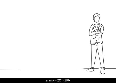 Dessin en ligne continue unique d'un jeune beau travailleur masculin posé debout élégamment au bureau. Homme d'affaires professionnel. Concept de minimalisme dynamique o Illustration de Vecteur