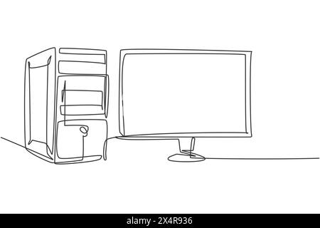 Dessin de ligne continue unique de l'unité d'ordinateur cpu et moniteur d'écran pour la société. Concept électronique d'équipement de petite entreprise à domicile. Une ligne moderne Illustration de Vecteur