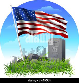 Concept de Memorial Day ou Veterans Day, enterrement avec pierres tombales et illustration du drapeau américain Illustration de Vecteur