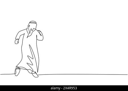 Simple dessin d'une ligne de jeune homme d'affaires arabe en cours d'exécution rapide pour atteindre la ligne d'arrivée. Stratégie de croissance commerciale réussie concept minimal. Contin moderne Illustration de Vecteur