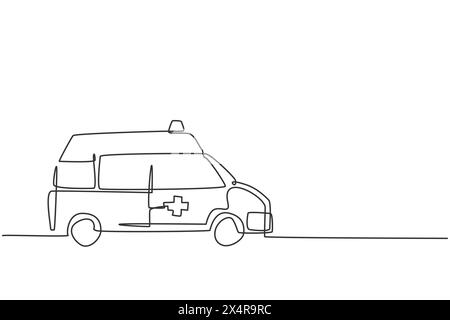 Dessin en ligne continue unique d'un véhicule ambulancier hospitalier pour sauver un patient critique. 911 concept de minimalisme isolé. Graphes de dessin dynamique à une ligne Illustration de Vecteur