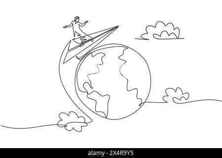 Simple dessin d'une ligne de jeune homme d'affaires arabe autour du monde avec avion de papier volant. Concept de métaphore minimale du voyage d'affaires mondial. Continue Illustration de Vecteur