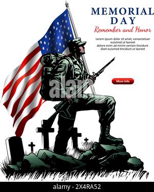 Concept de Patriot Day, Memorial Day ou Independence Day, soldat à l'enterrement avec pierres tombales et illustration du drapeau américain Illustration de Vecteur
