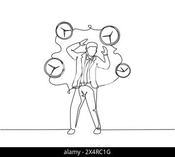 Ligne continue unique dessinant jeune homme d'affaires stressant entouré d'horloges analogiques volantes. Minimalisme métaphore concept de délai d'affaires. Dynamique Illustration de Vecteur