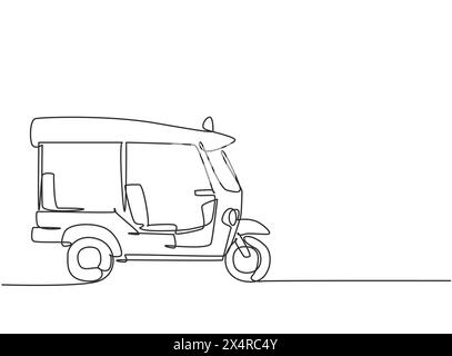 Simple dessin d'une ligne de tuk tuk thaïlandais vu du côté desservant les passagers étrangers qui voyagent en Thaïlande. Devenez une icône du tourisme. Continu Illustration de Vecteur