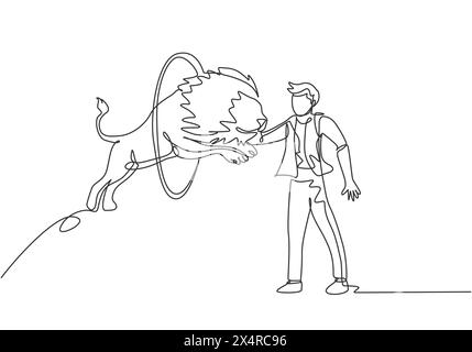 Une ligne continue dessinant un lion saute dans le cercle tenu par le dresseur. Le formateur se lève prudemment. Un spectacle de cirque très difficile. Simple Illustration de Vecteur