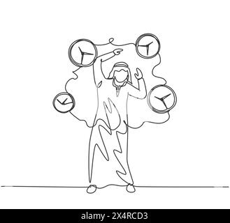 Simple dessin d'une ligne d'un jeune homme d'affaires arabe stressant entouré d'horloges volantes. Minimalisme métaphore concept de délai d'affaires. Continu Illustration de Vecteur
