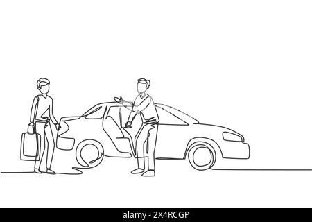 Un seul dessin d'une ligne de chauffeurs de taxi masculins invitent les passagers potentiels à entrer à l'intérieur et à les livrer à leur destination. Continuou moderne Illustration de Vecteur
