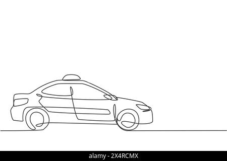 Simple dessin d'une ligne de la voiture de taxi moderne la plus récente utilise un compteur, GPS, et peut être commandé en ligne. Progrès technologiques dans les transports. Continuo Illustration de Vecteur