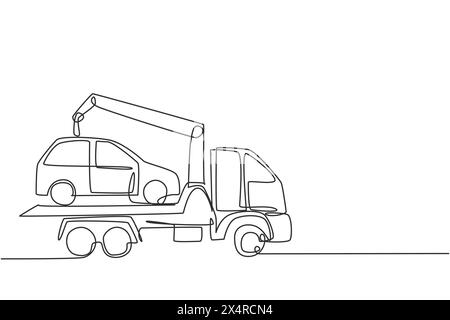 La dépanneuse de dessin de ligne continue unique transporte une voiture cassée sur le dessus avec une grue. La voiture est emmenée au garage pour le service. Dynamique o Illustration de Vecteur