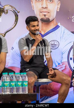 Kolkata, Inde. 03 mai 2024. Conférence de presse avant match dans un hôtel luxueux avant la finale de la 10e Super League indienne 2023-24 de deux équipes finalistes ; Mohunbagan Super Giant (MBSG) et Mumbai City FC (MCFC). (Photo par Amlan Biswas/Pacific Press) crédit : Pacific Press Media production Corp./Alamy Live News Banque D'Images