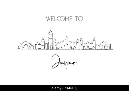 Dessin en ligne continue unique de l'horizon de la ville de Jaipur, Inde. Célèbre paysage de grattoir de ville. Concept d'impression d'affiche d'art de décoration murale de voyage du monde. Mo Illustration de Vecteur