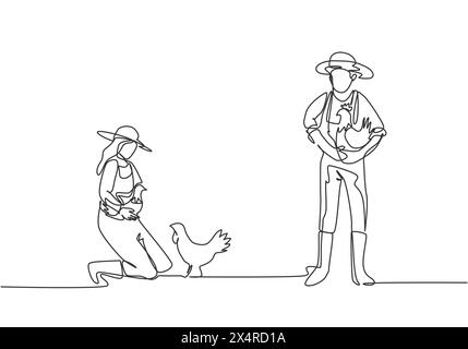 Simple dessin d'une ligne de fermier d'homme a porté le poulet avec les deux mains. La fermière s'agenouilla pour ramasser le poulet. Concept agricole. Conti Illustration de Vecteur
