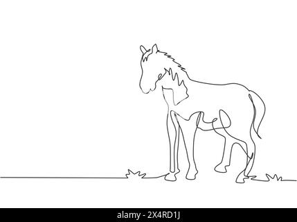 Une ligne continue dessinant un cheval debout fermement sur le pâturage. Entreprise d'élevage prospère gérée par des agriculteurs professionnels. Concept de minimalisme. Péché Illustration de Vecteur