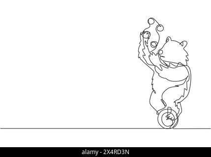 Une ligne continue dessinant un ours brun dressé jonglant sur un vélo à une roue. Le public a été étonné par le concept de performance de l'ours. Simple Illustration de Vecteur