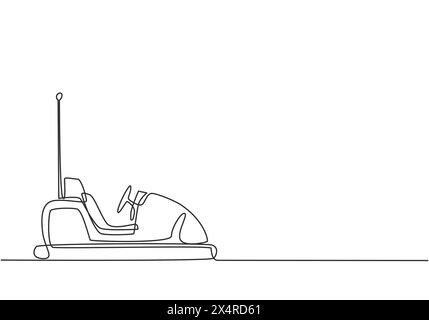Une seule ligne continue dessinant une voiture électrique dodgem dans l'arène du parc d'attractions avec une antenne. Jouer à la voiture pare-chocs est beaucoup de plaisir pour les enfants. Dynamic One Illustration de Vecteur
