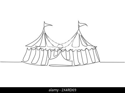 Simple dessin d'une ligne de deux tentes de cirque avec des rayures et des drapeaux au sommet. Lieu de spectacle pour les clowns, magiciens, animaux. Moderne continu l Illustration de Vecteur