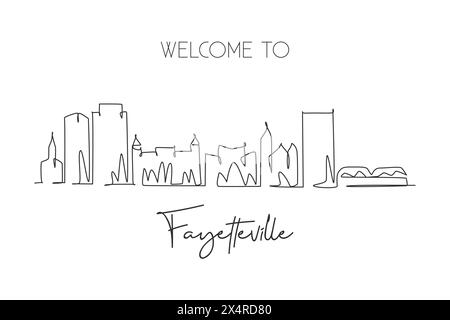 Dessin en ligne continue unique de l'horizon de Fayetteville, Caroline du Nord. Célèbre paysage de grattoir de ville. World Travel mur décor art poster imprimé Concepp Illustration de Vecteur