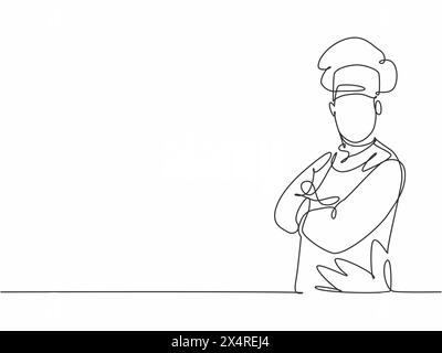Simple dessin d'une ligne de jeune homme attrayant chef posant debout élégamment avec le bras croisé sur la poitrine. Excellent service de restaurant de l'hôtel branché un l Illustration de Vecteur