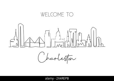 Une seule ligne dessinant Charleston City skyline South Carolina. Paysage de ville historique du monde. Meilleure destination de vacances carte postale. Trait modifiable tren Illustration de Vecteur