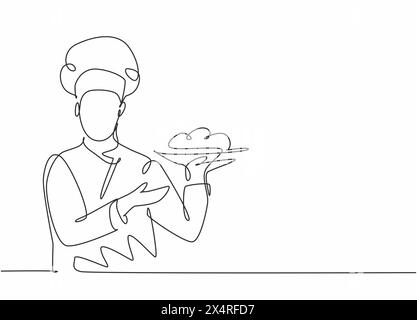 Dessin continu d'une ligne de jeune chef masculin attrayant tenant le plateau de nourriture du plat principal et prêt à servir au client. Bon concept de service resto singl Illustration de Vecteur