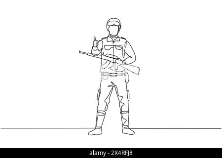 Une ligne continue dessinant des soldats se tiennent debout avec des armes, des uniformes complets, et des gestes de pouce levé servant le pays avec la force des forces militaires. S Illustration de Vecteur