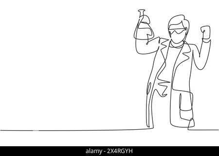 Dessinateur d'une seule ligne avec geste de célébration et tenant le tube de mesure pour examiner la solution chimique pour fabriquer le vaccin. Continu moderne Illustration de Vecteur