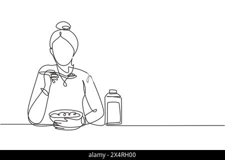 Simple une ligne dessinant jeune femme ayant un repas de céréales avec du lait et une cuillère. Savourez votre petit déjeuner à la maison. Concept de nourriture délicieuse et saine. Contin moderne Illustration de Vecteur