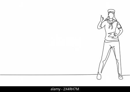Dessin simple d'une ligne de femme de marin se tient avec un geste de pouce vers le haut pour faire partie d'un navire de croisière transportant des passagers voyageant à travers les mers. Continue Illustration de Vecteur
