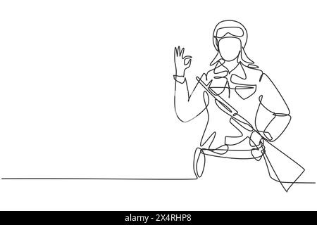 Ligne continue unique dessinant des soldats féminins avec arme, uniforme, geste OK est prêt à défendre le pays sur le champ de bataille contre l'ennemi. Dynamique Illustration de Vecteur