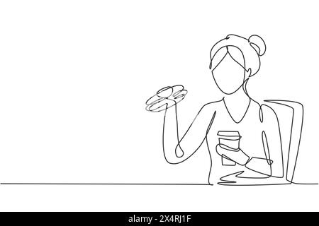 Continu une ligne dessinant jeune femme ayant un repas hamburger et une tasse de cola à boire avec la main. Heureux et profiter du déjeuner au restaurant. Nourriture délicieuse. Si Illustration de Vecteur