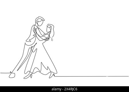 Simple dessin d'une ligne homme et femme romantique danseur professionnel couple dansant tango, valse dansant sur concours de danse dancefloor. Continu moderne Illustration de Vecteur