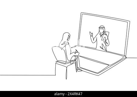 Simple une ligne dessinant hijab étudiante assise étudiant regardant l'écran d'ordinateur portable et à l'intérieur de l'ordinateur portable il y a un professeur arabe masculin qui enseigne. Illustration de Vecteur