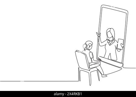 Continue d'une ligne dessinant étudiante assise étudiant regardant l'écran du smartphone et à l'intérieur de l'ordinateur portable il y a une conférencière féminine qui enseigne. S Illustration de Vecteur