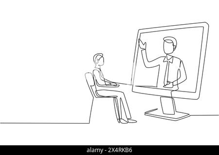 Simple ligne continue dessinant étudiant masculin assis étudiant regardant l'écran géant de moniteur et à l'intérieur de l'ordinateur portable il y a un conférencier masculin qui enseigne. Illustration de Vecteur