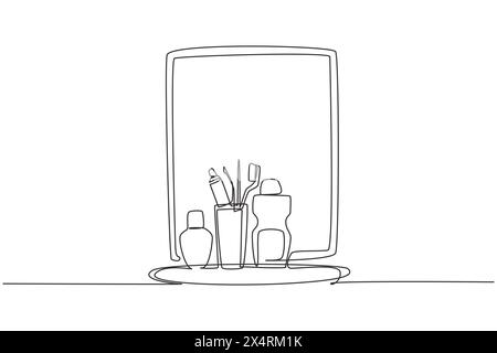 Une ligne continue dessinant les fournitures de nettoyage dentaire et buccal telles que brosse à dents, dentifrice et rince-bouche dans l'évier de salle de bain. Concept de soins dentaires. Péché Illustration de Vecteur