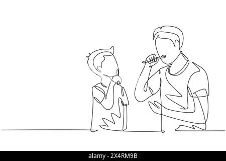 Père dessinant une seule ligne enseignant à son fils le brossage des dents dans la salle de bain. Habitudes de routine pour la propreté et la santé de la bouche et des dents. conti moderne Illustration de Vecteur
