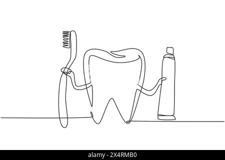 Continu une ligne dessinant une dent géante tenant la brosse à dents dans une main et le dentifrice dans l'autre. Symbole ou logo clinique dentaire, centre de soins bucco-dentaires. Si Illustration de Vecteur