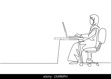 Simple dessin d'une ligne femme arabe avec ordinateur portable assis sur la chaise autour du bureau. Apprentissage à distance, cours en ligne et concept d'étude. conti moderne Illustration de Vecteur
