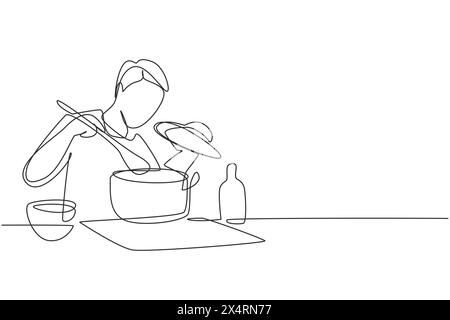Simple une ligne dessinant beau mari appréciant l'odeur de la cuisson de la casserole. Préparez la nourriture à la cuisine confortable. Cuisiner à la maison. Nourriture saine. conti moderne Illustration de Vecteur