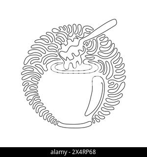 Simple pot en verre de dessin d'une ligne plein de miel et trempette de miel en bois. Complément alimentaire sain pour le corps. Style d'arrière-plan de cercle de bouclage de tourbillon. Continue Illustration de Vecteur