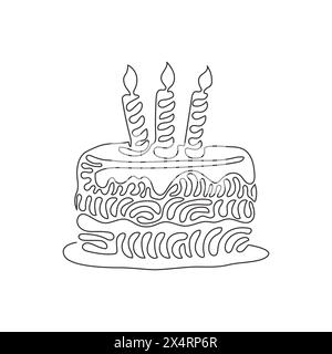 Gâteau d'anniversaire de dessin de ligne continue simple avec trois bougies brûlant. Savoureux dessert plat principal de fête d'anniversaire de célébration. Boucles torsadées. Un Illustration de Vecteur