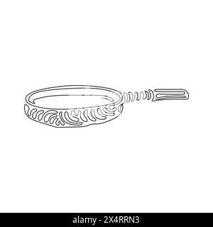 Vecteur de poêle à frire à une ligne en continu. Articles de cuisine pour la cuisson. Poêle, casserole, poêle à frire. Ustensiles de cuisine à la maison. Boucles torsadées. lin. Simple Illustration de Vecteur