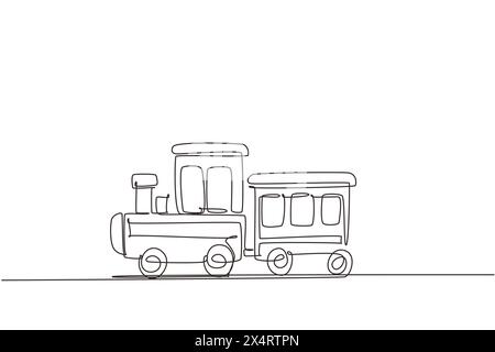 Train jouet a dessin continu a une ligne. Train jouet mignon et locomotive avec wagon de chemin de fer. Jouet de train pour bébés. Passager et chargement. Icône des enfants à Illustration de Vecteur