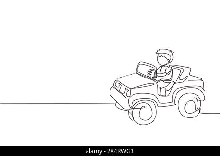 Simple une ligne dessin garçon conduisant voiture, enfant mignon heureux. Mignon petit garçon souriant heureux conduire voiture jouet. Voyage des enfants en petite voiture. Continue moderne Illustration de Vecteur