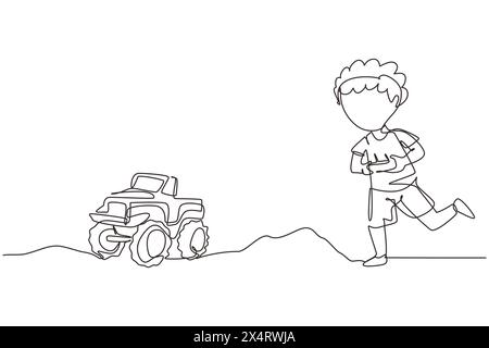 Garçon de dessin simple d'une ligne jouant avec un jouet monstre télécommandé camion. Enfants jouant avec camion jouet électronique avec télécommande dans les mains. CON Illustration de Vecteur